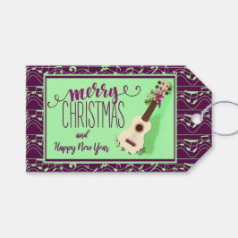 Festive Ukulele Bows and Berries Merry Kerstmis Cadeaulabel