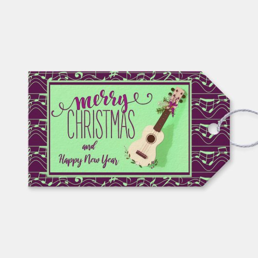 Festive Ukulele Bows and Berries Merry Kerstmis Cadeaulabel (Voorkant (Horizontaal))