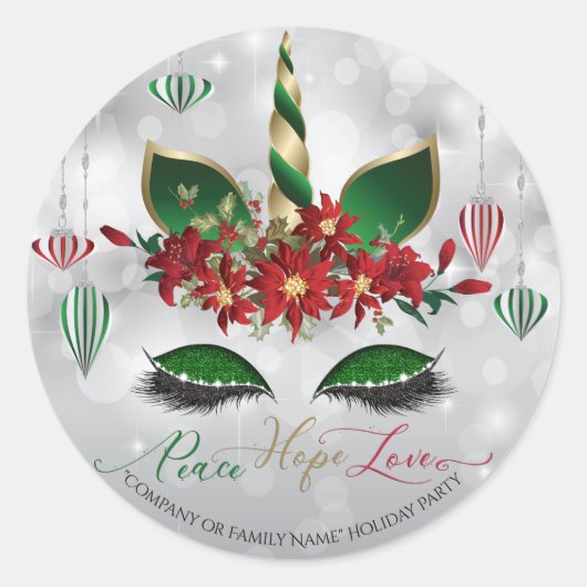 Festive Unicorn Face Peace Hope and Love Ronde Sticker (Voorkant)