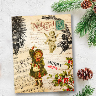 Festive Victoriaans kerstmeisje en Holly Kaart
