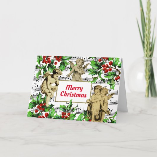 Festive Vintage Angel Cherubs Holly Kerstmis Kaart (Voorkant)