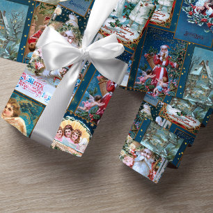 Festive Vintage-kerstkaart Collage-Blue BG Cadeaupapier