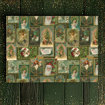Festive Vintage-kerstkaart Collage-Green BG Tissuepapier<br><div class="desc">Festive en kleurrijke vakantiekollage met klassieke kerstkaarten uit het Victoriaans tijdperk,  waaronder Santa,  engelen,  sterren,  seizoensbloemen en vrolijke groeten op een diepe olijfgroene achtergrond met gouden enkels.</div>