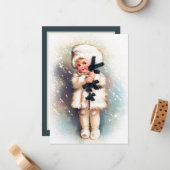 Festive vintage-kerstmeisje voegt sentiment toe notitiekaartje (Voorkant / Achterkant in situ)