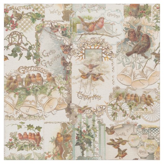 Festive Vintage Kerstmis Vogel en Bloem Ephemera Stof (Close Up)