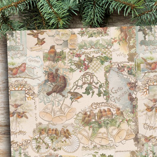 Festive Vintage Kerstmis Vogel en Bloem Ephemera Tissuepapier