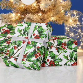 Festive Vintage-kerstrood Holly Berries Cadeaupapier