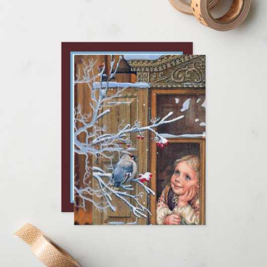 Festive vintage met kerstmeisje Holiday Notitiekaartje (Voorkant / Achterkant in situ)