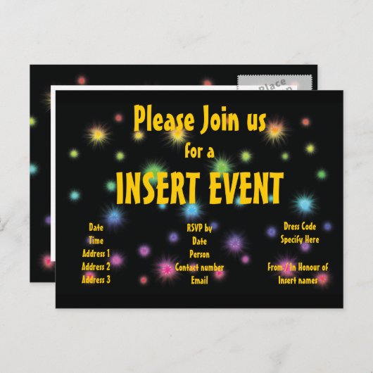 Festive vuurwerk uitnodigingen - aanpasbaar (Voorkant / Achterkant)