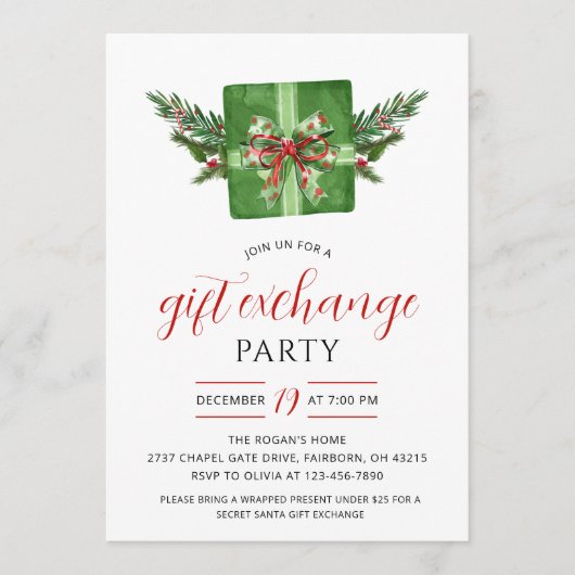 Festive Watercolor Gift Exchange Christmas Party Kaart (Voorkant)