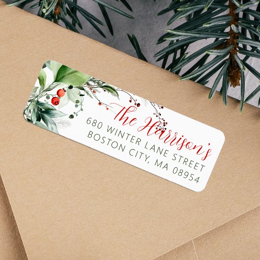 Festive Watercolor Greenery Christmas Address Etiket