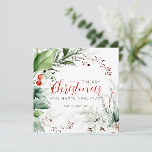 Festive Watercolor Greenery Merry Christmas Feestdagenkaart (Staand voorkant)