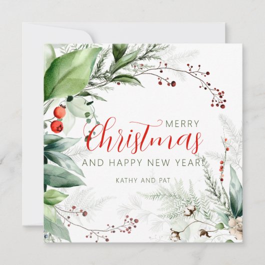 Festive Watercolor Greenery Merry Christmas Feestdagenkaart (Voorkant)