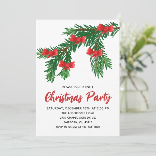 Festive Watercolor Greenery Red Bow Christmas Kaart (Staand voorkant)