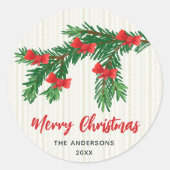 Festive Watercolor Greenery Red Bow Christmas Ronde Sticker (Voorkant)