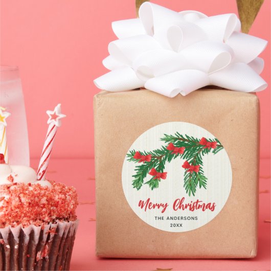Festive Watercolor Greenery Red Bow Christmas Ronde Sticker (Feest)