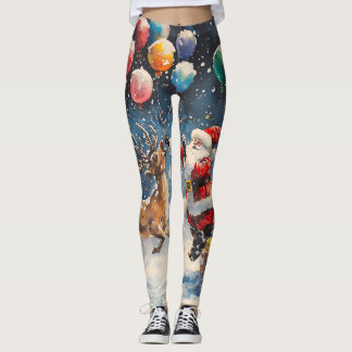 Festive Watercolor Santa Reindeer Colorful Balloon Leggings