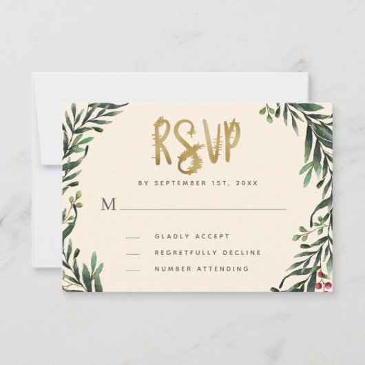 Festive Watercolor Wreath Gold Wedding RSVP Kaartje (Voorkant)
