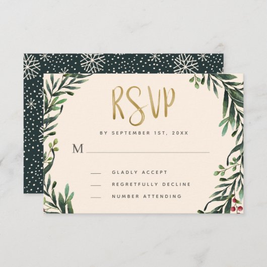Festive Watercolor Wreath Gold Wedding RSVP Kaartje (Voorkant / Achterkant)