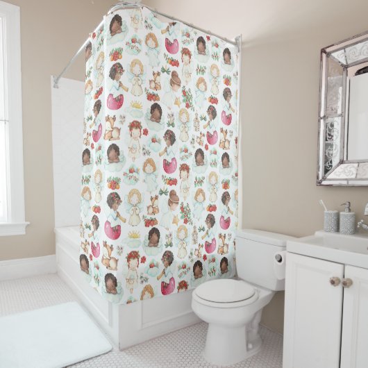 Festive Waterverf Artwork of Angels and Gifts Douchegordijn (In situ)