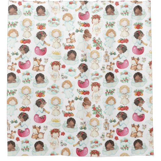 Festive Waterverf Artwork of Angels and Gifts Douchegordijn (Voorkant)