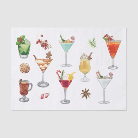 Festive Waterverf Cocktails KerstMartini Tissuepapier (Voorkant)