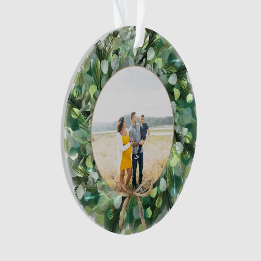 Festive Waterverf Greenery Wreate Family Foto Ornament (voorkant)