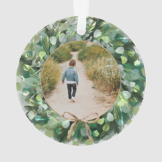 Festive Waterverf Greenery Wreate Family Foto Ornament (achterkant)