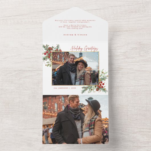 Festive Waterverf Holiday Floral met script & foto All In One Uitnodiging (Binnen)