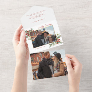 Festive Waterverf Holiday Floral met script & foto All In One Uitnodiging