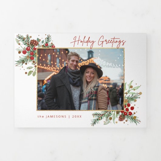 Festive Waterverf Holiday Floral met script & foto Drieluik Kaart (Cover)