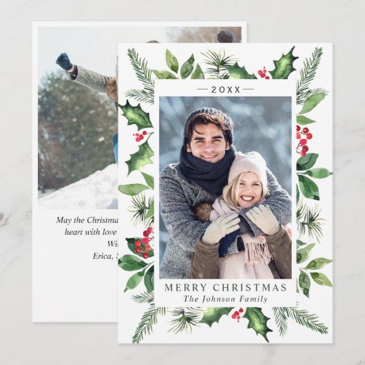 Festive Waterverf Holly Berry Kerstmis 2 FOTO Feestdagenkaart (Voorkant / Achterkant)