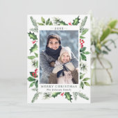 Festive Waterverf Holly Berry Kerstmis 2 FOTO Feestdagenkaart (Staand voorkant)