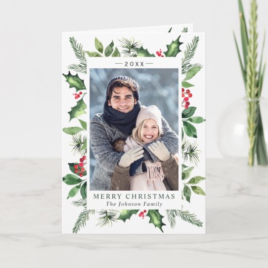 Festive Waterverf Holly Berry Kerstmis FOTO Feestdagen Kaart (Voorkant)