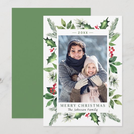 Festive Waterverf Holly Berry Kerstmis FOTO Feestdagenkaart (Voorkant / Achterkant)