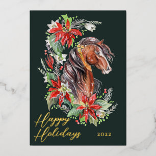 Festive Waterverf Horse Equestrian Prettige feestd Folie Feestdagenkaart