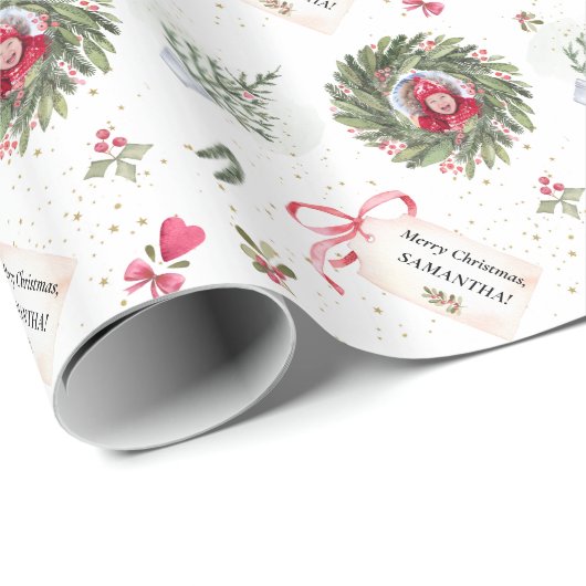 Festive Waterverf Kerstmis Greenery Foto Wrappi Cadeaupapier (Rol Hoek)