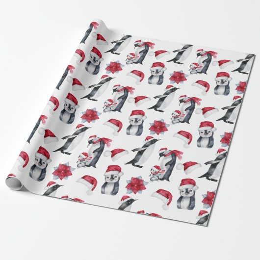 Festive Waterverf Kerstmis Penguin Cadeaupapier (Uitgerold)