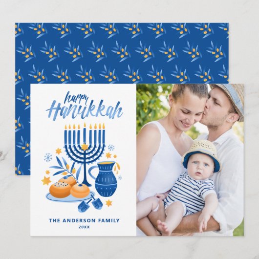 Festive Waterverf Menorah Happy Hanukkah Foto Feestdagenkaart (Voorkant / Achterkant)
