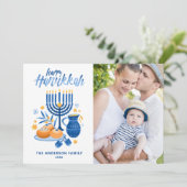 Festive Waterverf Menorah Happy Hanukkah Foto Feestdagenkaart (Staand voorkant)