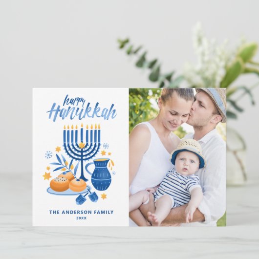Festive Waterverf Menorah Happy Hanukkah Foto Feestdagenkaart (Staand voorkant)