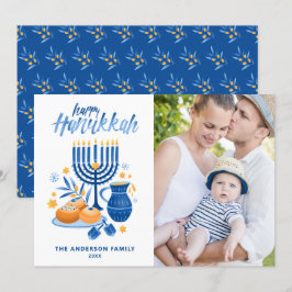 Festive Waterverf Menorah Happy Hanukkah Foto Feestdagenkaart