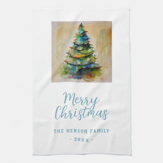Festive Waterverf Merry Kerstmis Artistic Theedoek (Verticaal)