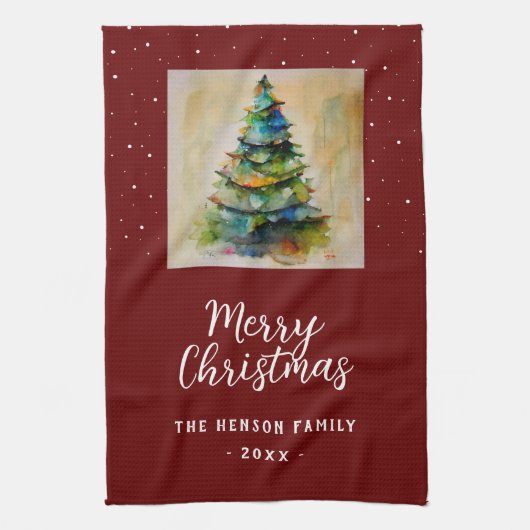 Festive Waterverf Merry Kerstmis Artistic Theedoek (Verticaal)