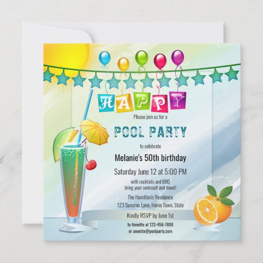 Festive Waterverf Summer Pool Party Invision Kaart (Voorkant)