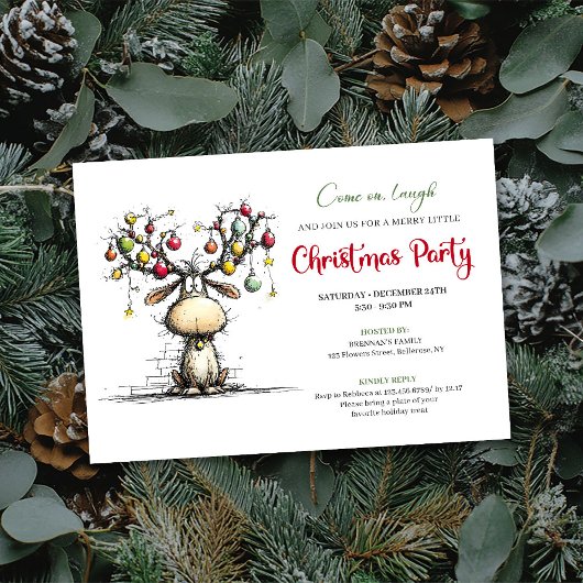 Festive whimsical reindeer Christmas party invite Kaart