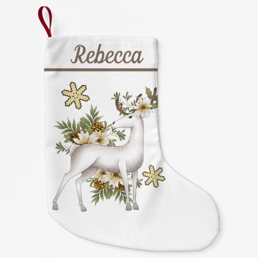 Festive white reinder add name stocking kleine kerstsok (Voorkant)