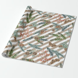 Festive White Stripe Pine Spruce Kraft Holiday Cadeaupapier