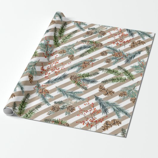 Festive White Stripe Pine Spruce Kraft Holiday Cadeaupapier (Uitgerold)