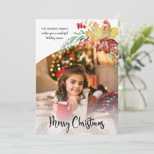 Festive Winter Botanical Calligraphy Photo Feestdagenkaart (Staand voorkant)